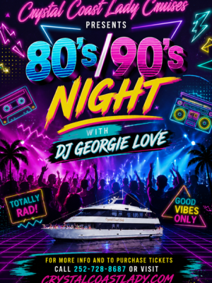 Colorful poster for 80s/90s night cruise with DJ, featuring neon graphics and a cruise ship.