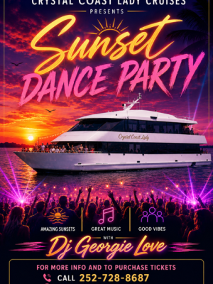 Poster for 'Sunset Dance Party' on a cruise ship with DJ, sunset, and crowd.