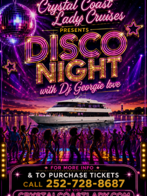 Disco Night cruise poster with a boat, disco ball, and dancing silhouettes.