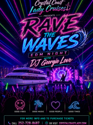 Colorful EDM cruise poster with neon lights, a boat, and contact information.