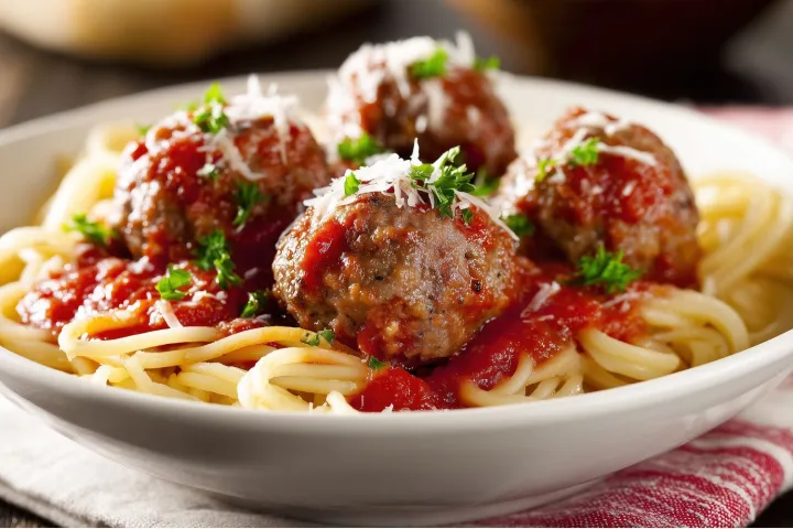 Spaghetti with meatballs, tomato sauce, parsley, and grated cheese in a white bowl.