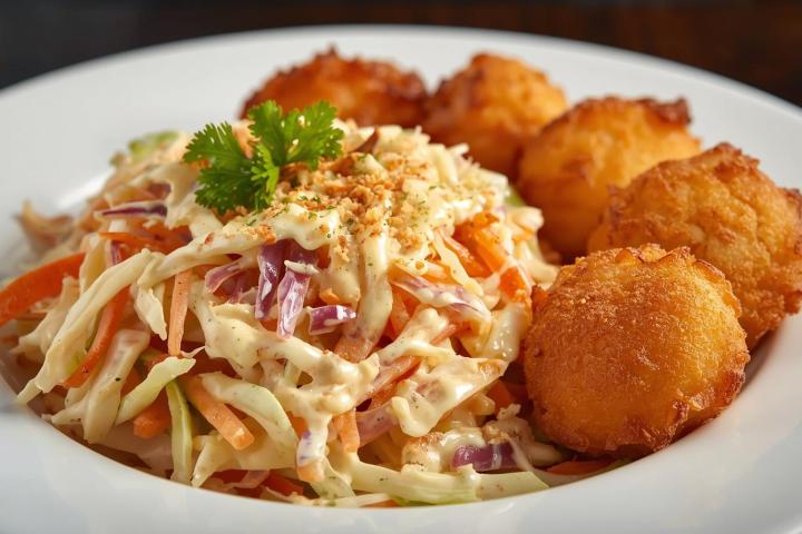 Plate of coleslaw garnished with parsley, alongside golden brown hushpuppies.