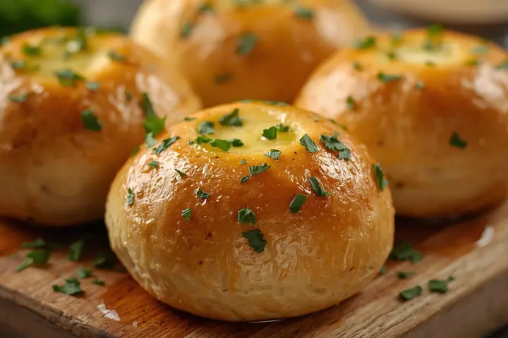 Four baked buns topped with chopped parsley on a wooden board.