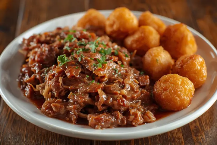 Plate of saucy meat stew garnished with herbs and served with golden fried potato balls.