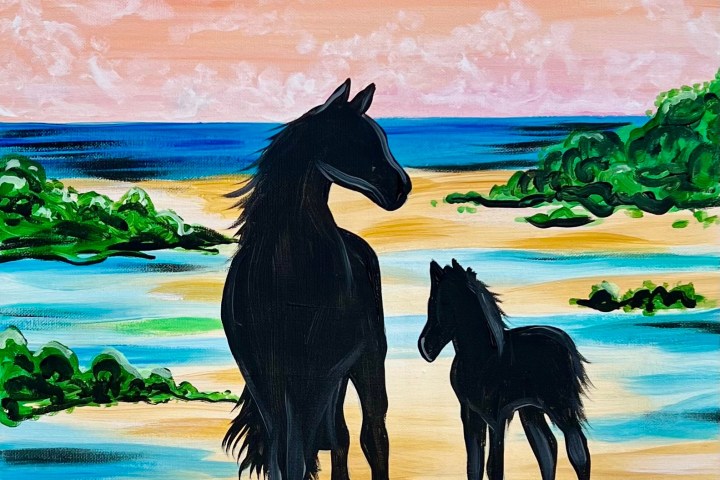 a brown horse standing next to a body of water