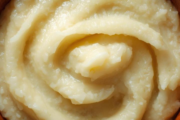 Close-up of smooth, creamy mashed potatoes in a wooden bowl.