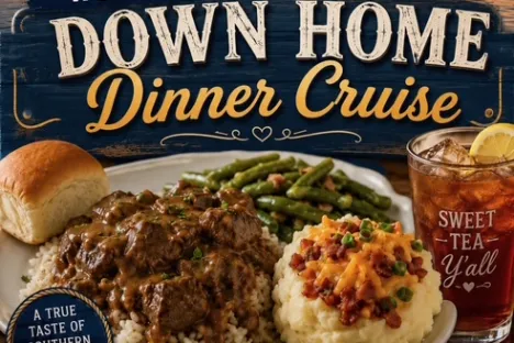 Menu poster for Wednesday dinner cruise featuring steak, potatoes, green beans, dessert, and sweet tea.